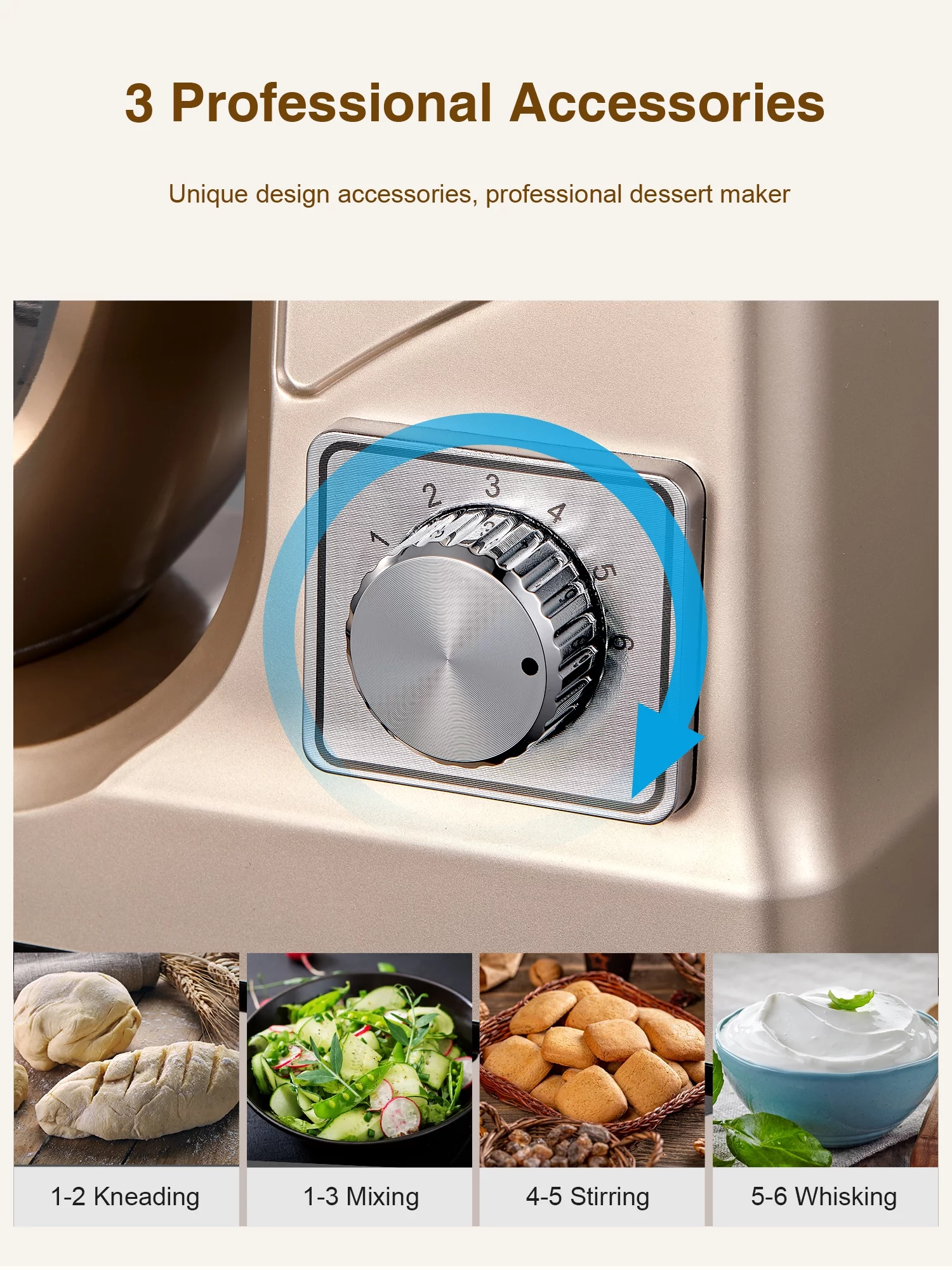 Kealive 5.5QT Tilt-Head Stand Mixer, 6+P Mess-free Kitchen Electric Mixer with Dough Hook, Whisk & Beater, Gold