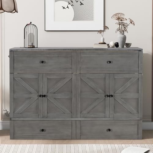 MERITLINE Queen Size Murphy Bed with Storage Drawer & Charging Station, Farmhouse Murphy Cabinet Wall Bed for Guest Bedroom, Living Room, Office, Noisy Free, Brushed Gray