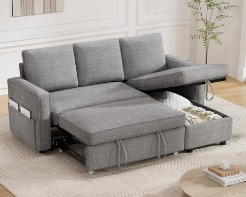 Sunny Heart Sleeper Sofa Bed, 2 in 1 Pull Out Couch with Reversible Storage Chaise, Sectional Sofa Couch Bed with Side Pockets, Comfy L Shaped Modular Couches for Living Room Apartment (Dark Grey)