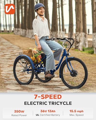 Viribus Electric Tricycle for Adults, 24 & 26 inch Electric Trike 350W(Peak 700W) with 468Wh Removable Battery, 3 Wheel Electric Bikes for Seniors, Motorized Adult Tricycle 7 Speed 330 lb. E Trike