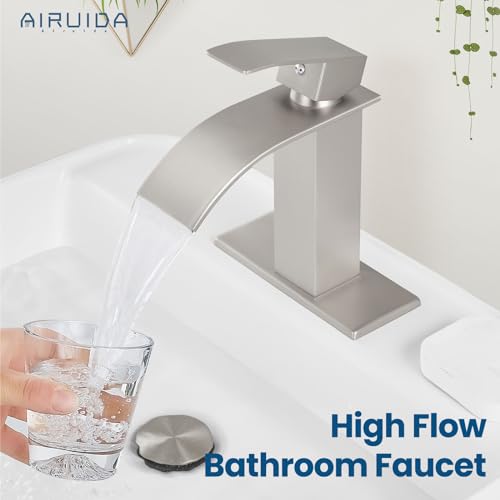 Airuida Brushed Gold Tall Waterfall Bathroom Vessel Sink Faucet Modern Bathroom Vanity Faucet Single Handle Single Hole Farmhouse Bar Mixer Tap Washbasin Faucet Deck Mount
