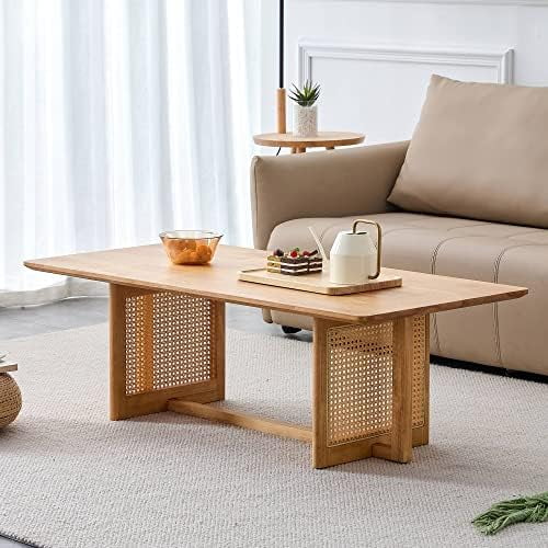 KHBIULIFE Wood Coffee Table Modern Coffee Tables for Living Room  Rectangular Living Room Tables-Tea Table with Wooden Frame Good for Small Spaces Center Table (Natural Wood Color  47.27\