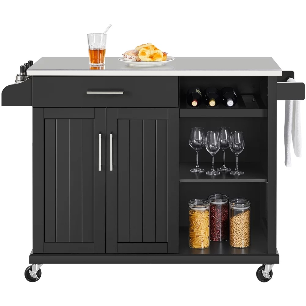 Alden Design Rolling Storage Kitchen Cart Cabinet with Steel Top, Black