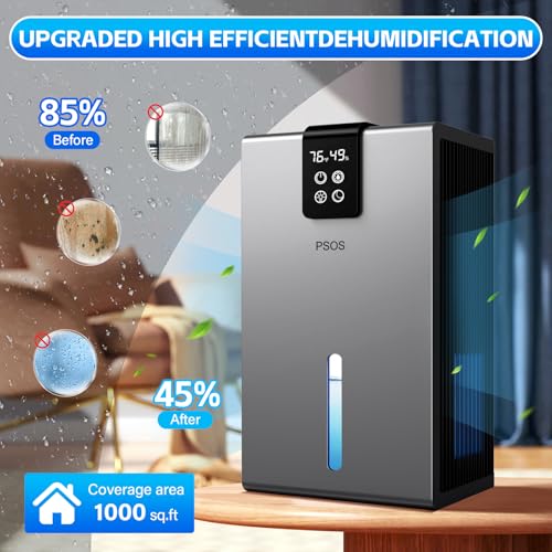 Dehumidifier, Dehumidifiers for Home, 98 OZ Water Tank, (1000 sq.ft) Quiet Dehumidifier for Basement, Bedroom, Bathroom with Humidity Display, Auto Shut Off, Relaxing 7 Color Ambient Light (Grey)