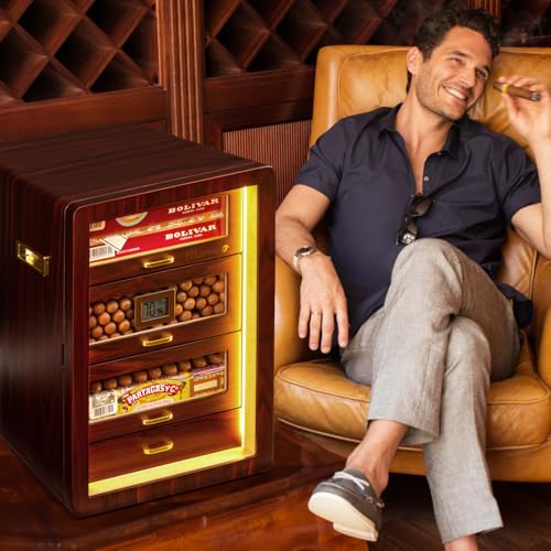 Desktop Cigar Humidor Cabinet Triple-Sided Light with Digital Hygrometer, Humidifier and Humidity Packs. 4 Ceder Wood Drawers, Cigar Humidor Box can hold 200 Cigars. Present for Men