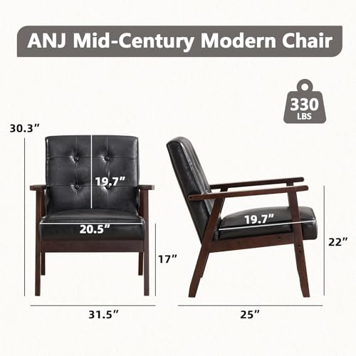ANJ Mid Century Modern Accent Chair, Tufted Fabric Upholstery, Wood Frame, Beige