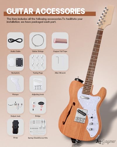 Leo Jaymz DIY Single Cut Electric Guitar Kits with Mahogany Body and Neck - Rosewood Fingerboard and All Components Included (LP Hollow)