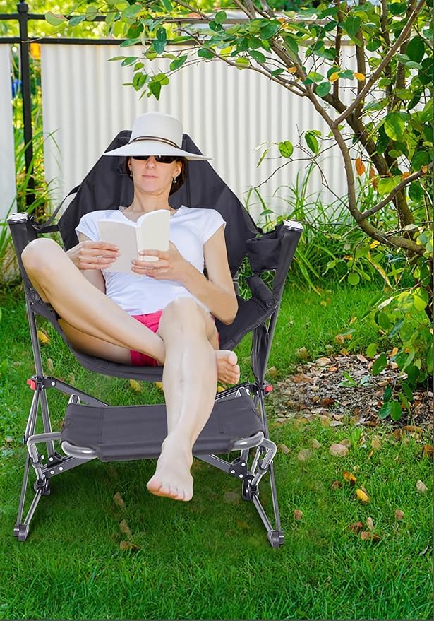 Nice C Hammock Camping Chair, Camping Chair Rocker, Swinging Chair, High Back with Stand, Cup Holder, Side Pocket, Heavy Duty (1, Black w/footrest)