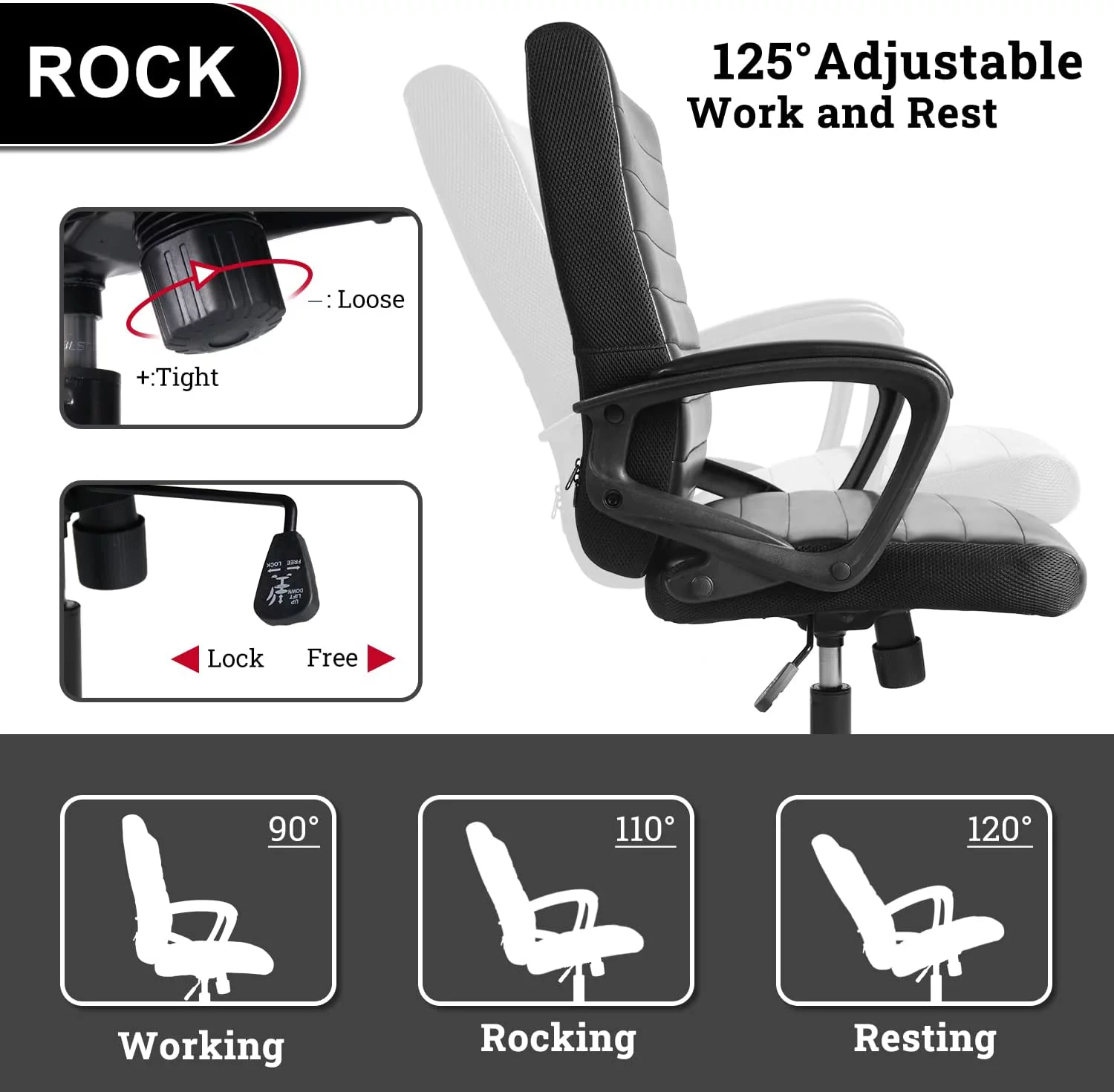 Executive Home Office Chair, Ergonomic Computer Desk Chair Bonded Leather, Adjustable Swivel Rolling Task Chairs Mid Back with Armrests