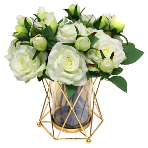 Faux Flowers with Vase, Silk Peony Bouquet Artificial Flowers in Vase, Fake Flowers Floral Arrangement for Home Decor Indoor, Table Centerpieces Flowers Decoration for Farmhouse (White Peony)