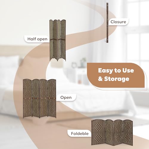 JOSTYLE Folding Privacy Room Divider, 4 Panel Screen Divider 6 ft. Tall Freestanding Extra Wide Rattan Room Partition Wall Separation Dividers, Grey