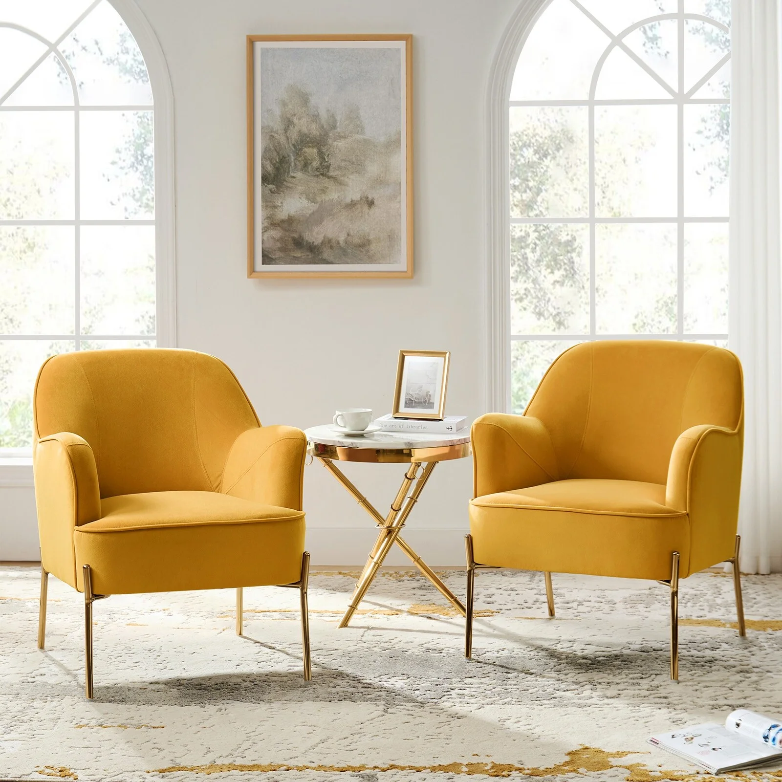 HULALA HOME Marina Modern Velvet Accent Chair with Golden  Legs Set of 2 by  MUSTARD