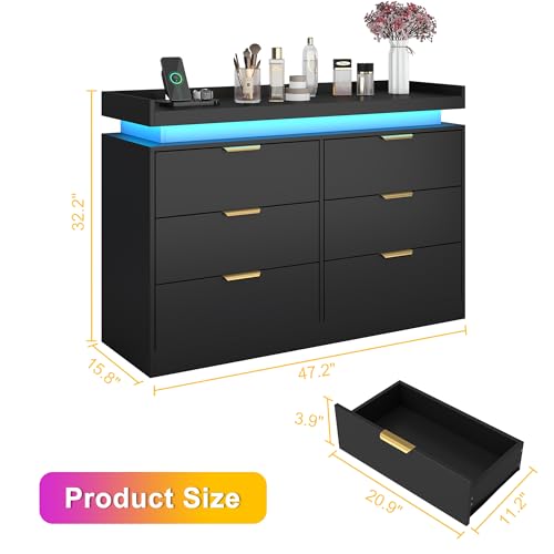 White Dresser with LED Lights, Wooden LED Dresser, 4 Drawer Chest with Charging Station, Tall Chest of Drawer Closet Organizer for Bedroom, Living Room, Entryway, Hallway