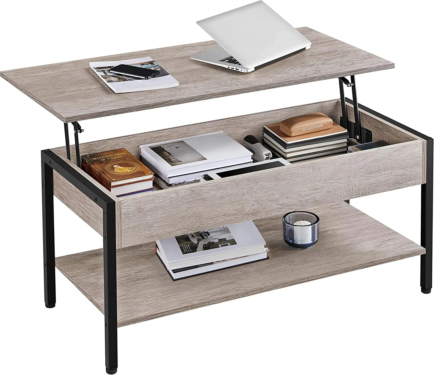 Lift Top Coffee Table, 41 in Coffee Table with Hidden Storage Compartment, Wooden Lift Up Central Table for Living Room, Reception Room, Industrial Style, Grey