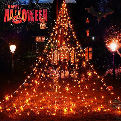 BlcTec Halloween Decorations Outdoor Huge Spider Web Decorations, 19.7ft x 14.7ft Sturdy Lighted White Spider Web with 250 LED Purple Orange Lights, 8 Modes, Timer, Waterproof for Outdoor Decor