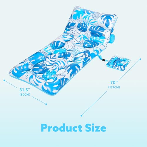SLOOSH Adjustable Backrest Pool Floats - Tropical Leaves Pool Lounger Floaties Adults with Cup Holders, Inflatable Tanning Float Rafts Chair Beach Lake Lounge Floating Above Water Keep Cool (Blue)