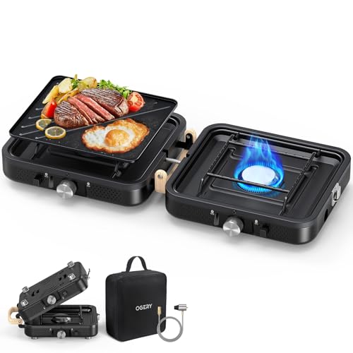OGERY 2-Burner Foldable Camping Stove with Griddle (Textured & Smooth) and Carrying Bag, Portable Propane Camp Stove with 2 Adjustable Burners & Piezo Ignition, for Camping Tailgating Essentials Gear