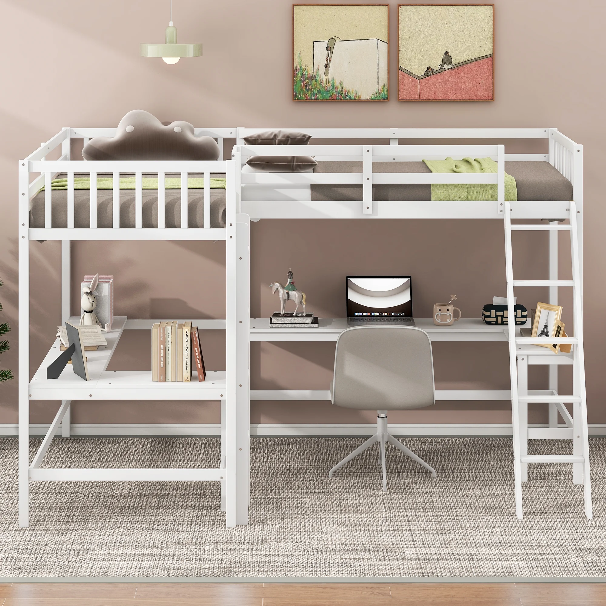 Euroco Twin Size L-Shaped Wood Loft Bed with Built-in Desks, 2-in-1 Loft Bed for Kids Teens Adults, White