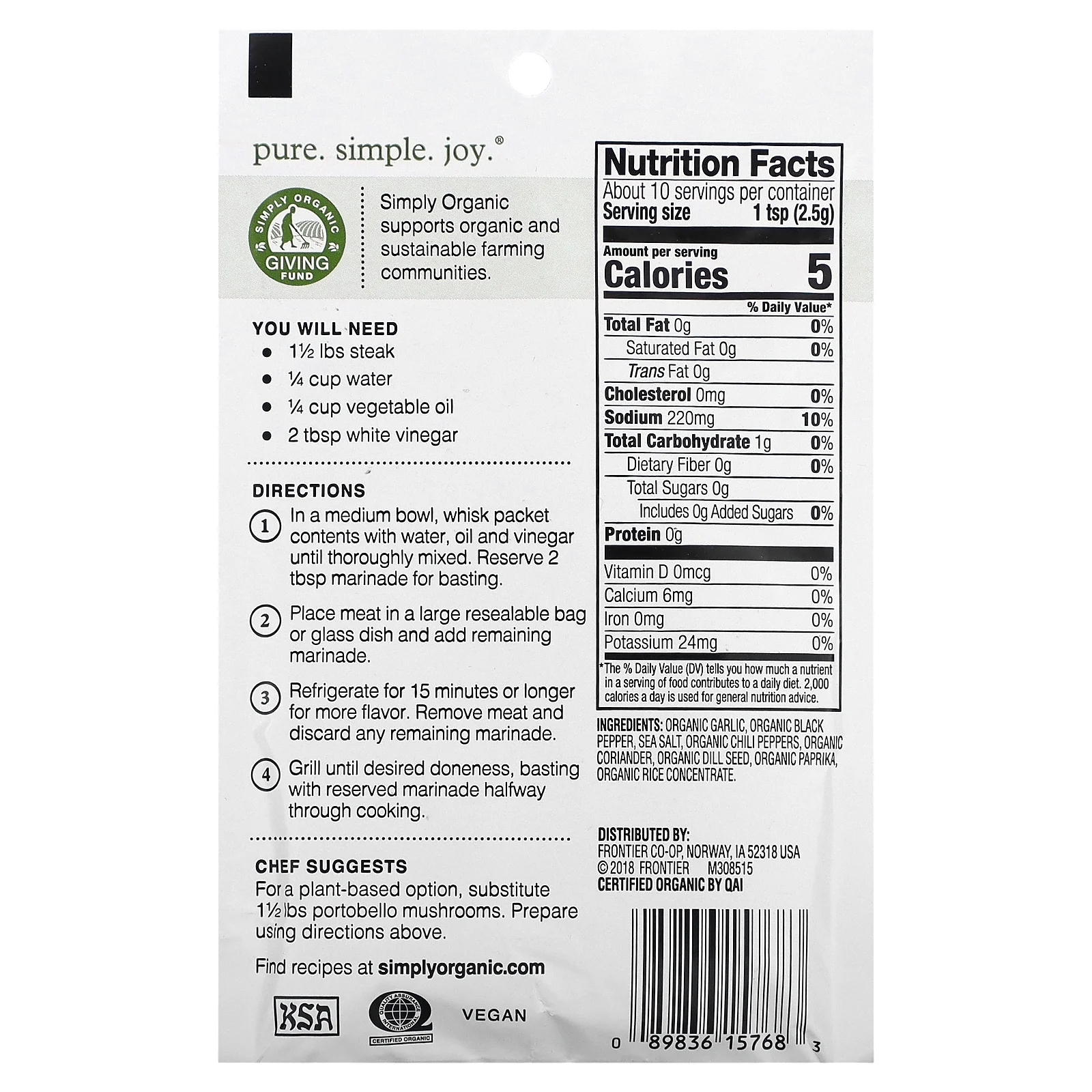 Simply Organic 15768 Savory Steak Marinade Mix 0.70 oz.