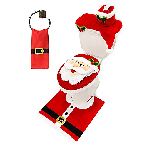 JOYIN 5 Pieces Christmas Theme Bathroom Decoration Set w/Toilet Seat Cover, Rugs, Tank Cover, Toilet Paper Box Cover and Santa Towel for Xmas Indoor Décor, Party Favors (Gnome)