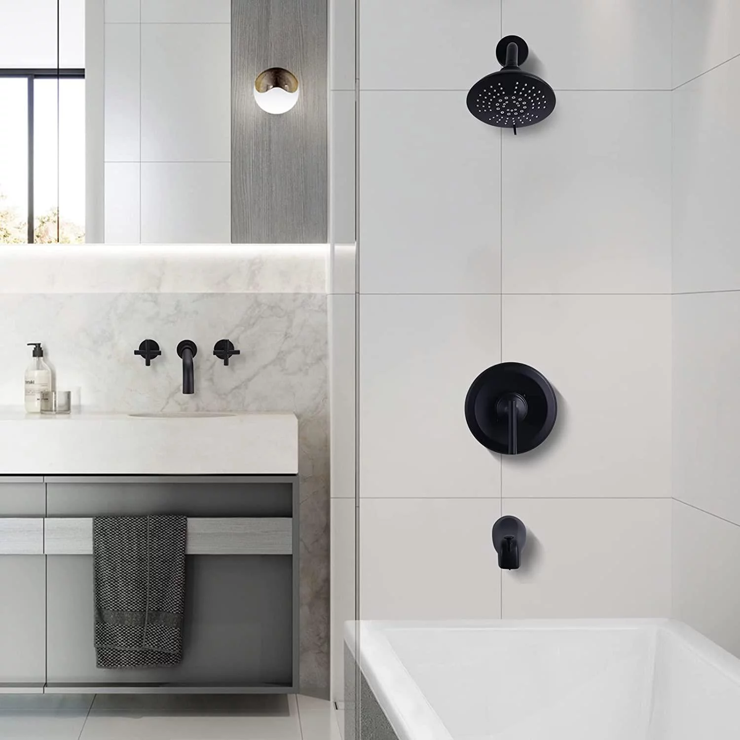 WOWOW Black Shower Faucet Set Complete Shower System with Brass Pressure Balance Valve