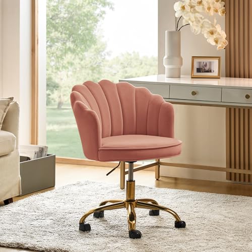 HULALA HOME Velvet Home Office Chair with Gold Base, Womans Modern Cute Shell Back Upholstered Desk Chair for Vanity, Adjustable Swivel Task Chair for Living Room, Teal