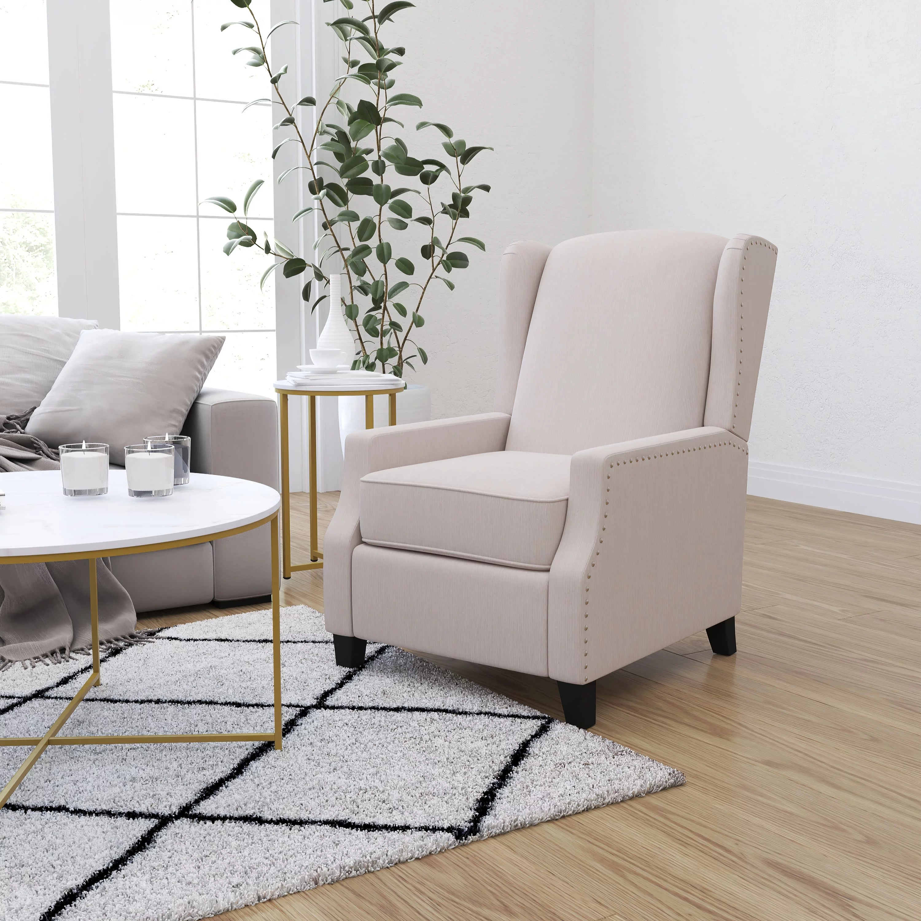 Merrick Lane Contemporary Pushback Recliner with Accent Nail Trim-Wingback Manual Recliner in Cream Fabric Upholstery