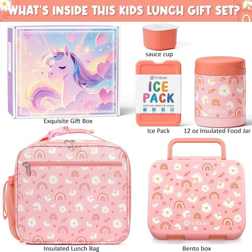 Fimibuke Bento Lunch Box for Kids with Thermos, 32OZ Snack Lunch Container with 3 Compartments, Insulated Lunch Bag, 12OZ Leakproof Food Jar, Ice Pack Set for Age 3-12 Toddler Teen Girls Boys Daycare