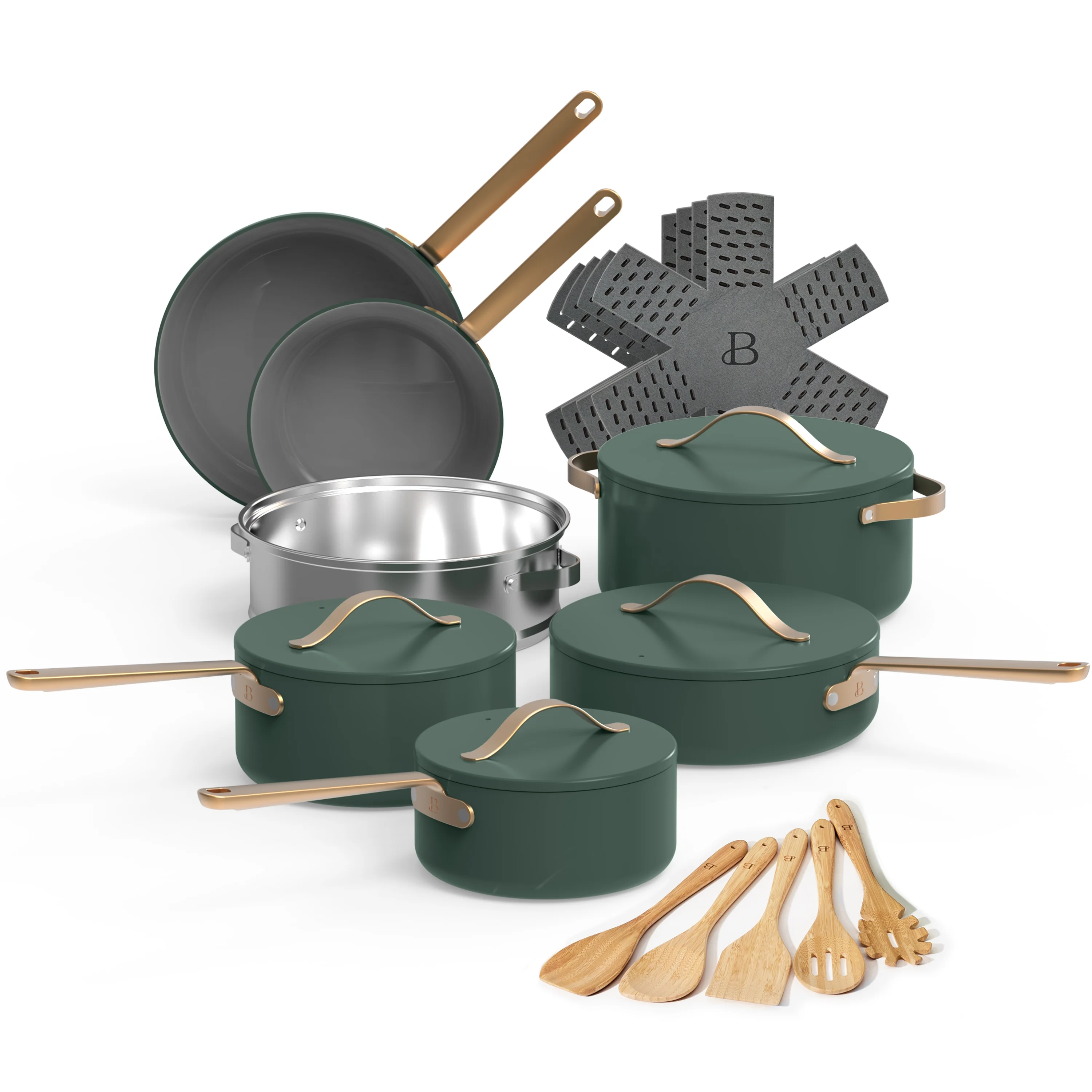 Beautiful 20pc Ceramic Non-Stick Cookware Set, Thyme Green by Drew Barrymore
