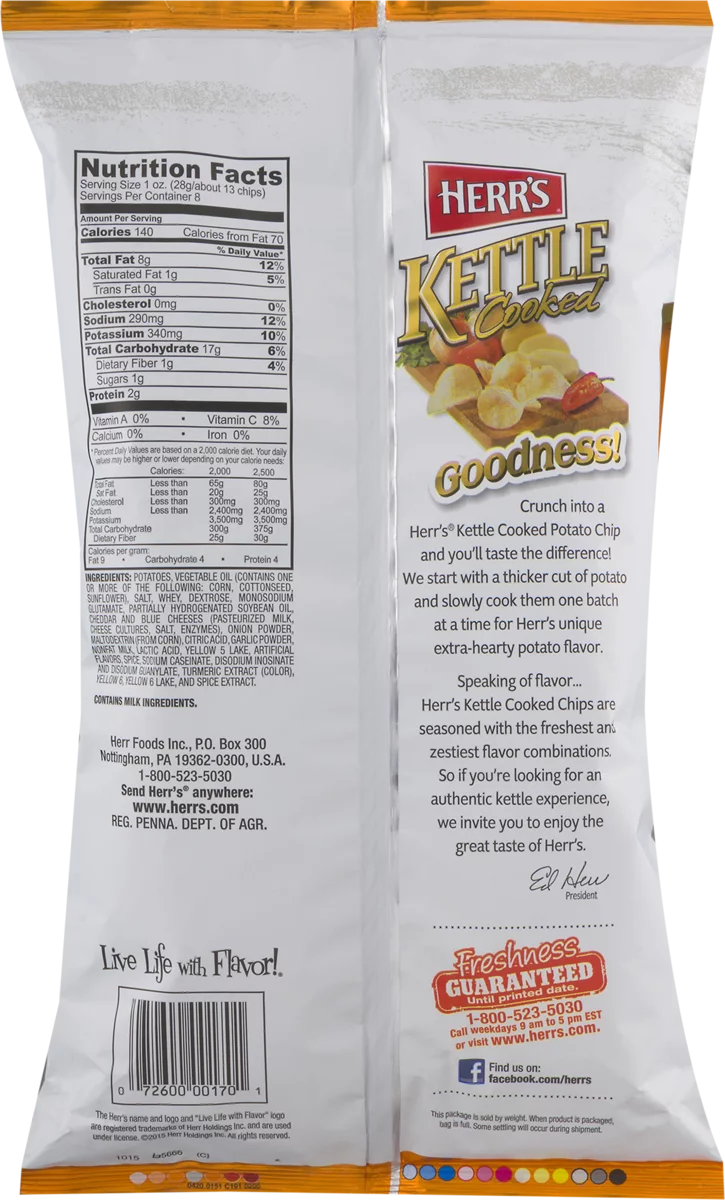 Herr's Kettle Cooked Cheddar Horseradish Potato Chips, 3-Pack 7.5 oz. Bag
