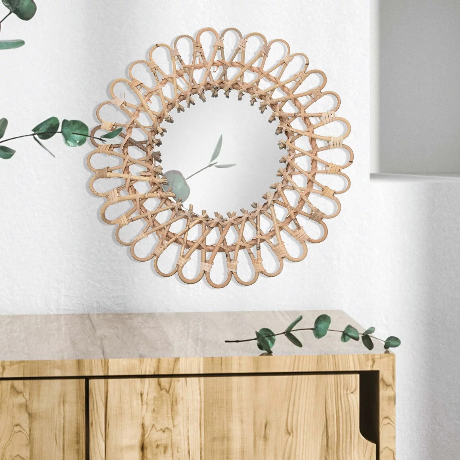 Rattan Mirror Rattan Home Decoration Rattan Flower Shaped Wall Mirror