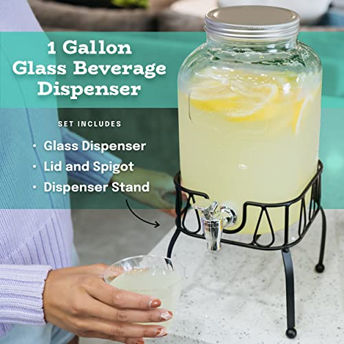 Estilo Glass Drink Dispenser for Parties - Set of 2-1 Gallon Halloween Drink Dispenser with Stand, Glass Water Dispenser Countertop for Weddings, Sun Tea Jar, Lemonade & Laundry Detergent Dispenser