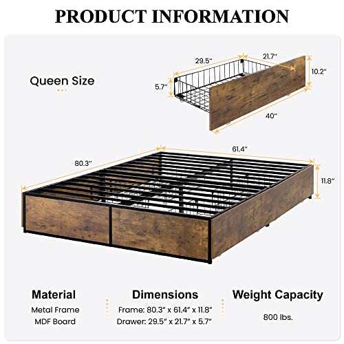 SHA CERLIN Queen Platform Bed Frame with Storage Drawers, Sturdy Metal and Wood Construction, Modern Design, No Box Spring Needed, Easy Assembly