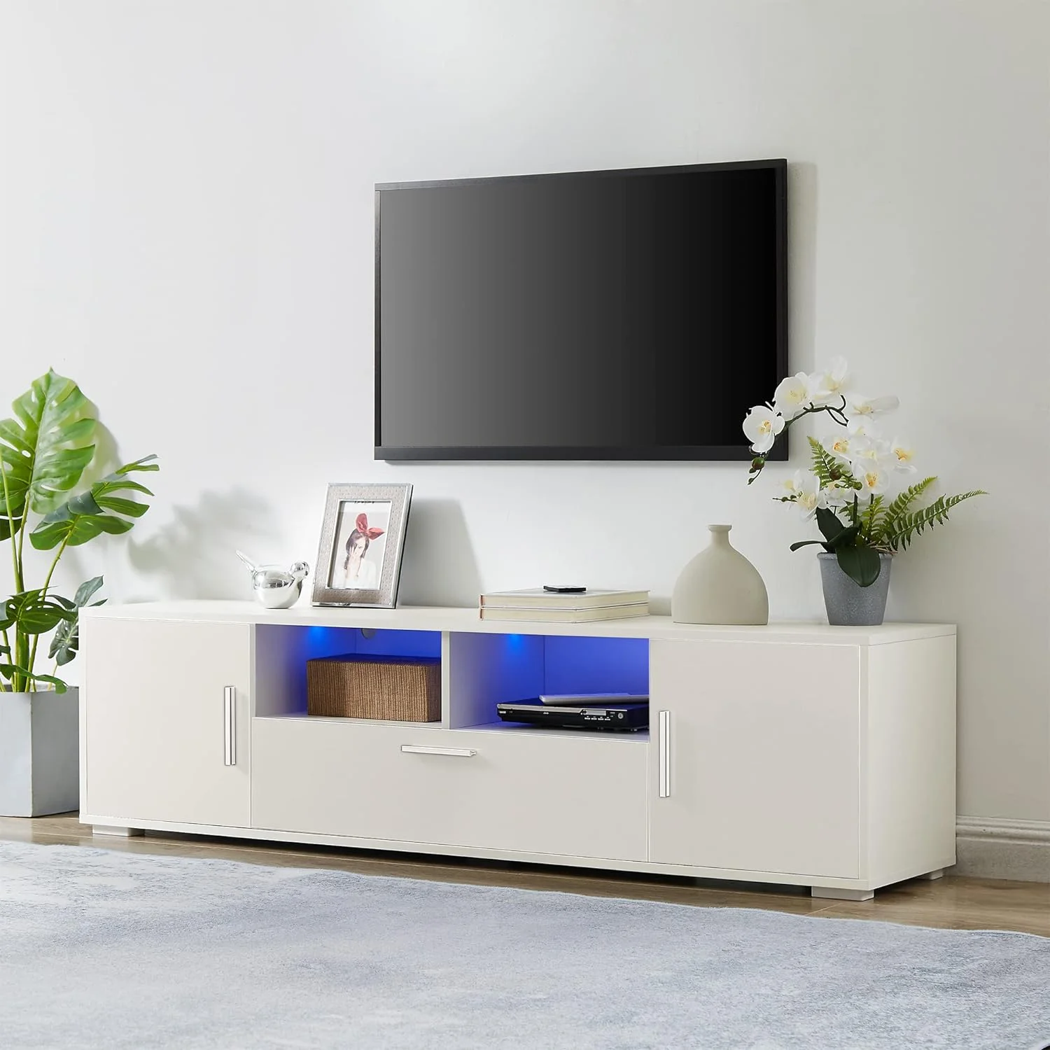 White TV Stand, Modern LED TV Stand For 65 Inch TV, TV Cabinet TV Console Table With Storage, Entertainment Center With Light Belt And Control For Living Room/Bedroom