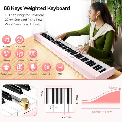 TERENCE V30 Digital Piano 88 Key Weighted Keyboard, Full Size Piano Keyboard with 2X5W Speakers, Music Stand and Sustain Pedal, Portable Folding Piano Gift Teaching for Beginners