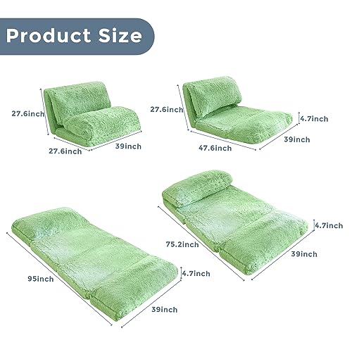 MAXYOYO Bean Bag Bed Floor Bed, Faux Fur Floor Sofa Chairs for Adults, Folding Sofa Lounge Foam Filling Wall Couch Sleeper Chairs Twin Size, Green, 39x95 Inch
