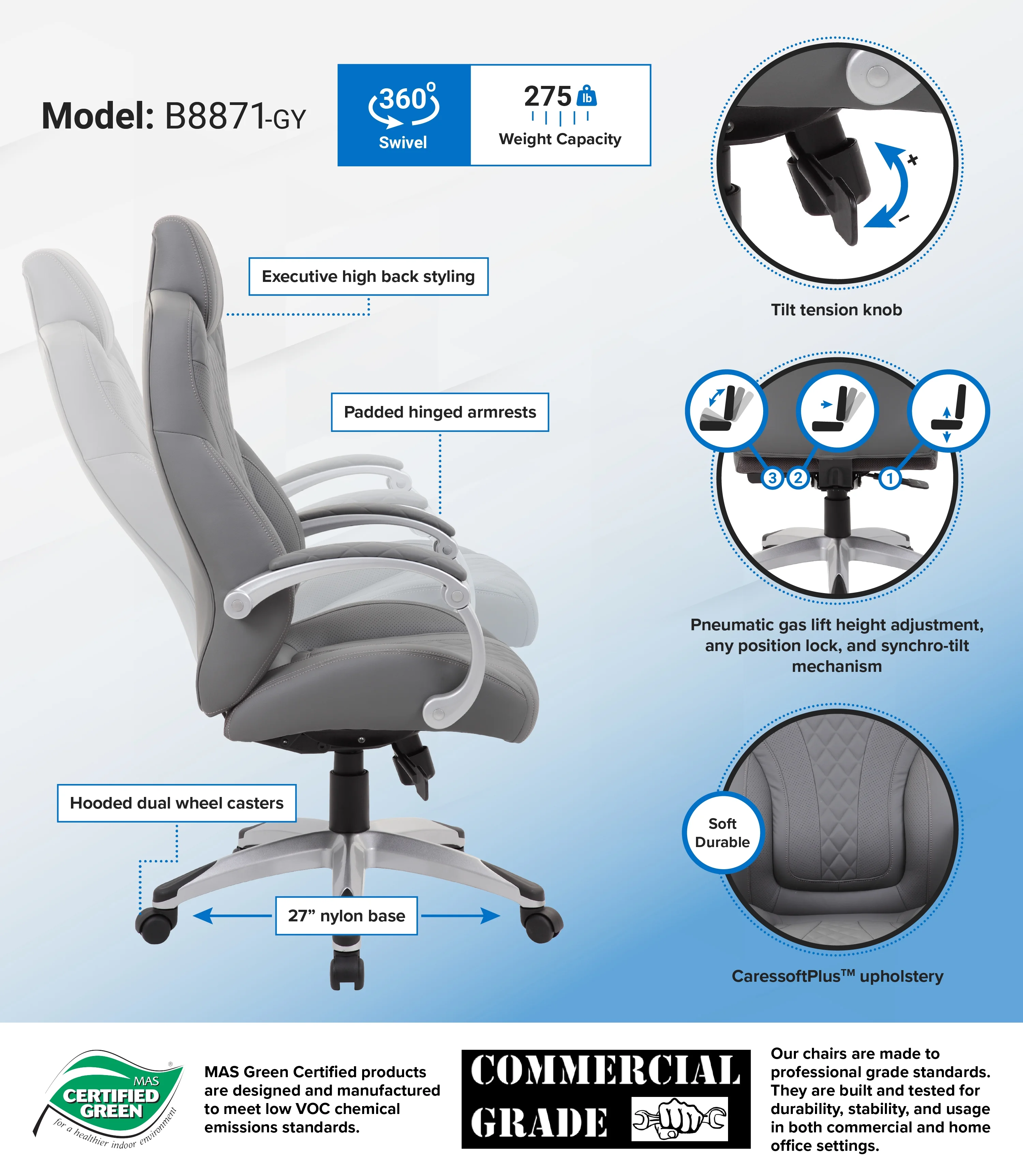 Boss Office & Home X-Series Transitional Grey Executive Hinged Arm Chair