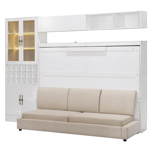 P PURLOVE Queen Murphy Bed with Sofa and Shelves, Wooden Wall Bed with USB and Light, No Box Spring Needed (White)