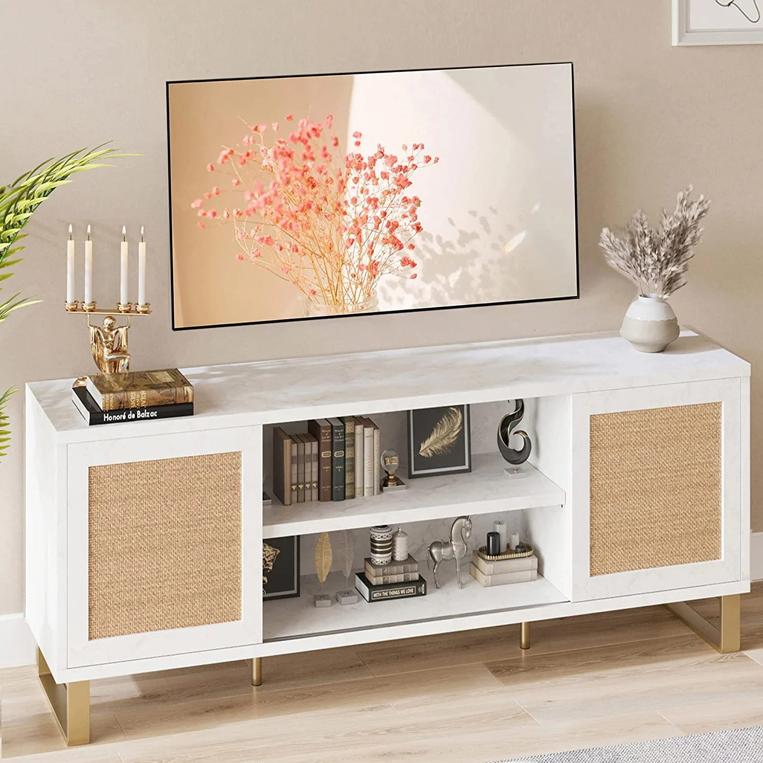 TV Stand for 65 Inch TV  Rattan Entertainment Center  TV Console Table White TV Stand with   Doors and Shelves  Low TV Console Media Cabinet  for Living Bedroom