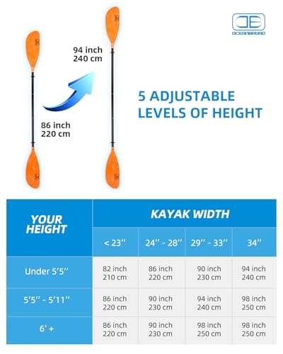 OCEANBROAD Adjustable Kayak Paddle 86in/220cm to 94in/240cm Kayaking Boating Canoeing Oar with Paddle Leash 1 Paddle