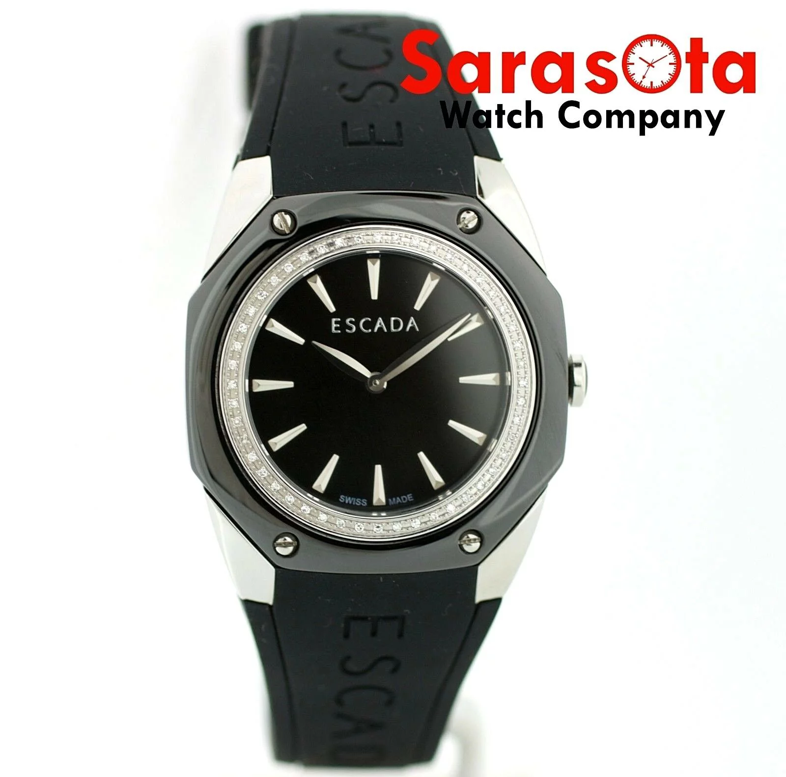 ESCADA Naomi Black Ceramic Steel Case Diamond Bezel Rubber Quartz Wrist Watch