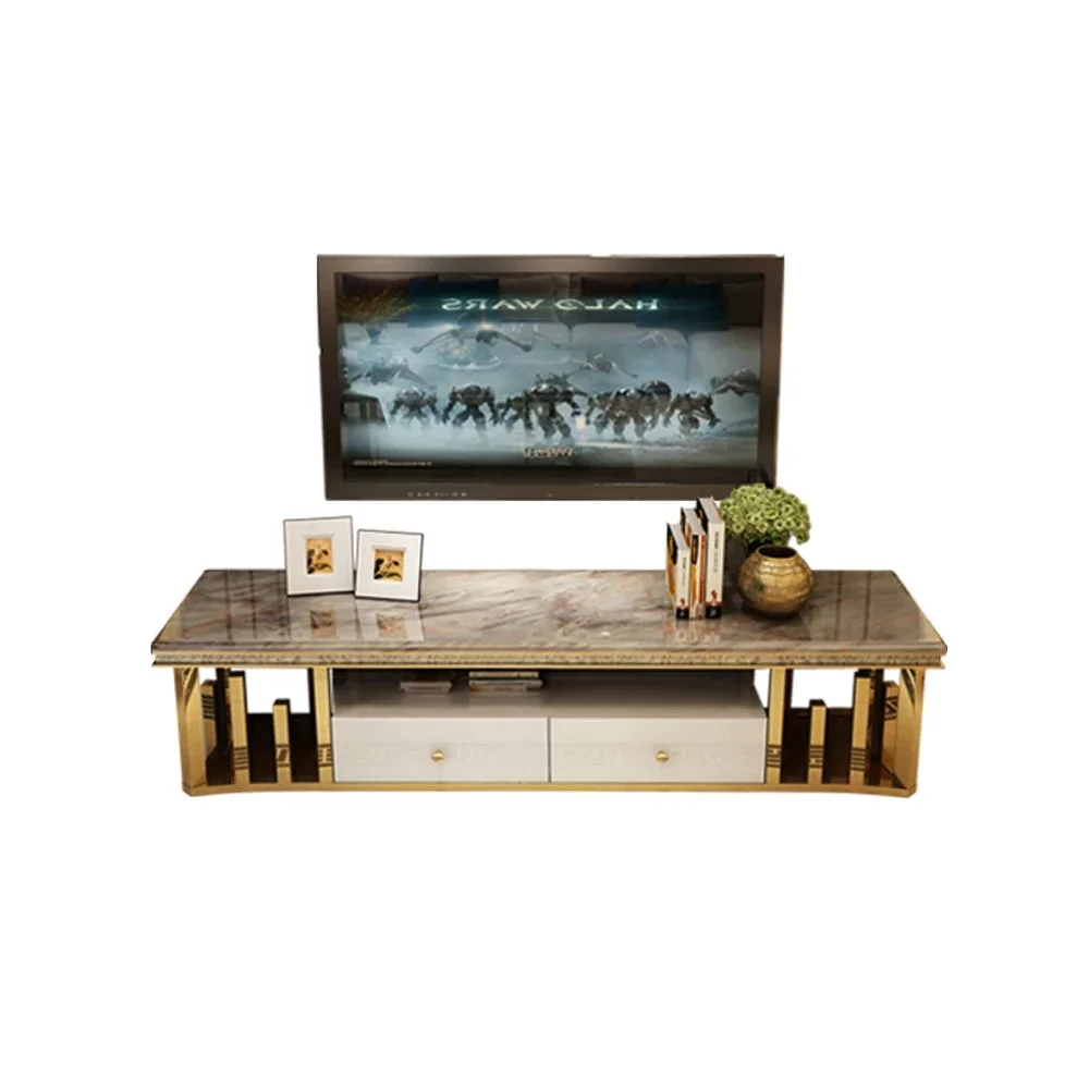 MANBAS Modern Living Room Furniture: Natural Marble Stainless Steel TV Stand Gold  TV Table for Home Decor Stylish TV Cabinet