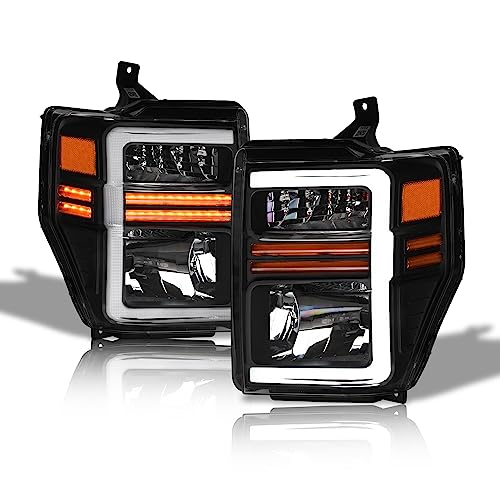 Alpha Owls 8717691 Crystal Headlights With White LED Light Bar & Sequential Signal Light - Black Amber Fits 2008-2010 Ford F250 F350 F450 / F-250 F-350 F-450 Superduty