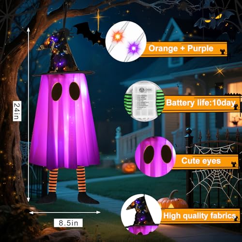 6P Lights Up Hanging Ghosts Halloween Decorations Outdoor(Purple & Orange), Timer, IP65 Waterproof, Battery Operated Halloween Lights with Witch Hats, Holiday Decorations for Patio Garden