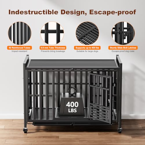 42 inch Heavy Duty Dog Crate, Upgraded Thickened Steel Frame Indestructible Kennel for Large & High Anxiety Dogs, Escape Proof Design with 3 Doors, 4 Lockable Wheels and 2 Removable Trays (42 Inch)