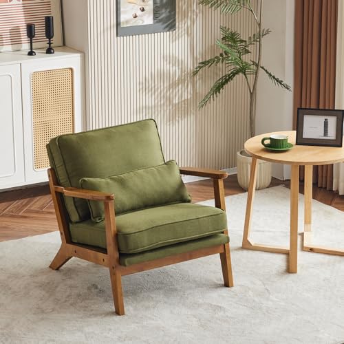 VINGLI Solid Wood Wide Armrests Accent Chair,Upholstered Mid Century Modern Chair with Pillow,Comfy Reading Chair Farmhouse Arm Chair,Chairs Living Room,Bedroom,Guest Room,Linen Fabric,Beige