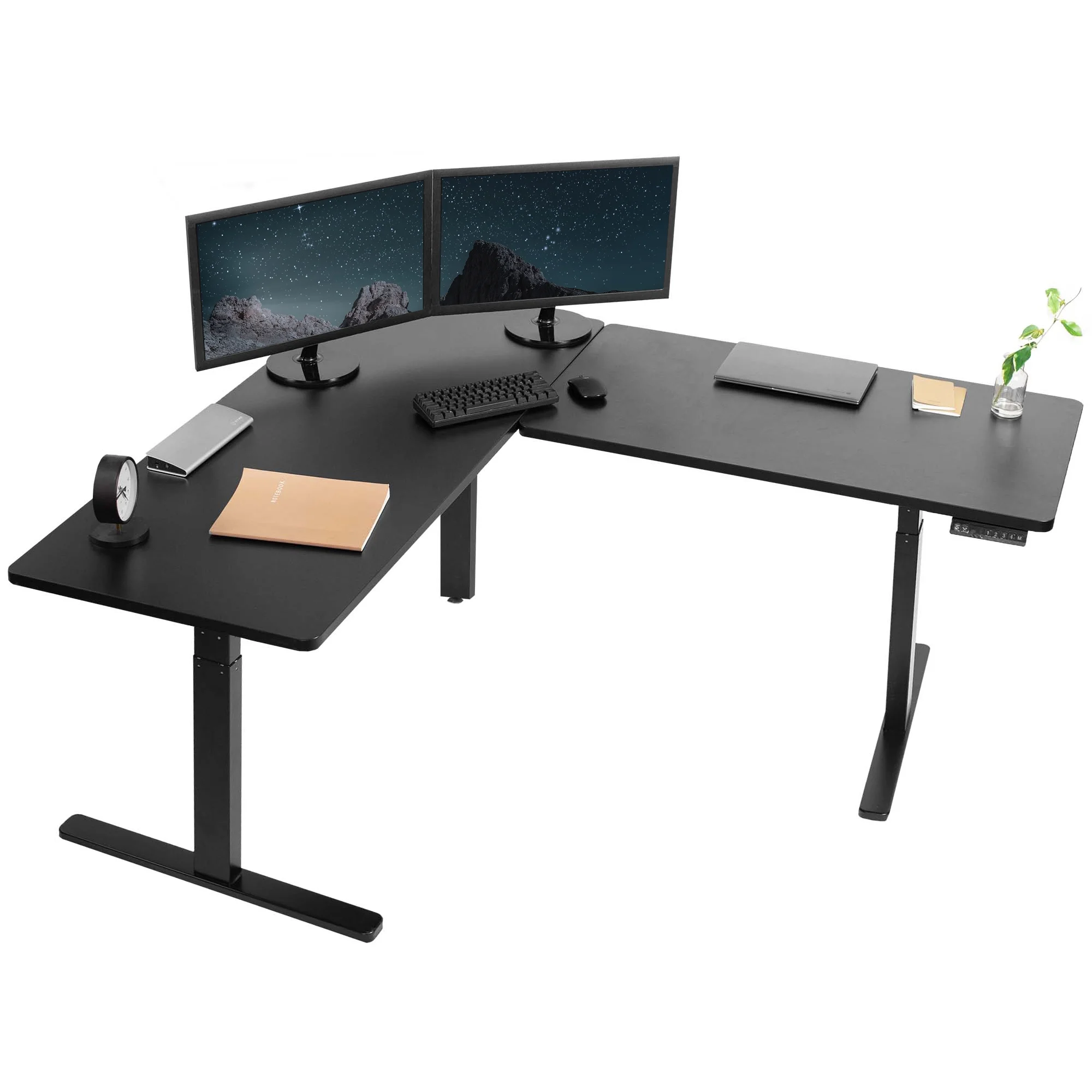 VIVO Electric Stand Up Corner Desk Workstation | Black Table Tops, Black Frame