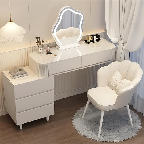 Fashionable Vanity Table with Drawers - Vanity Table Set | LED Smart Makeup Mirror Included | Modern Bedroom Vanity | Solid Wood Material | New Makeup Experience (Round Mirror, 40