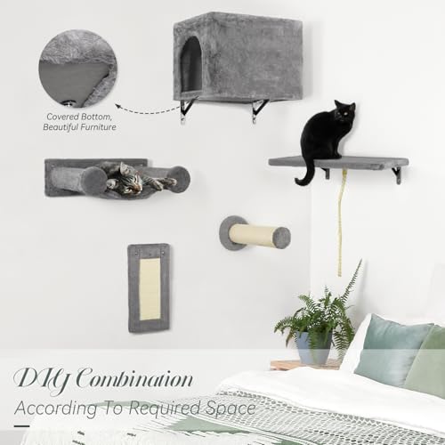 NUNU LAB 5-in-1 Wall-Mounted Cat Climber Set, Cats Wall Shelve, Wall-Mounted Cat Climbing Shelves, with House, Bridge, Steps, Scratcher, Hammock, Shelves (A-KM060)