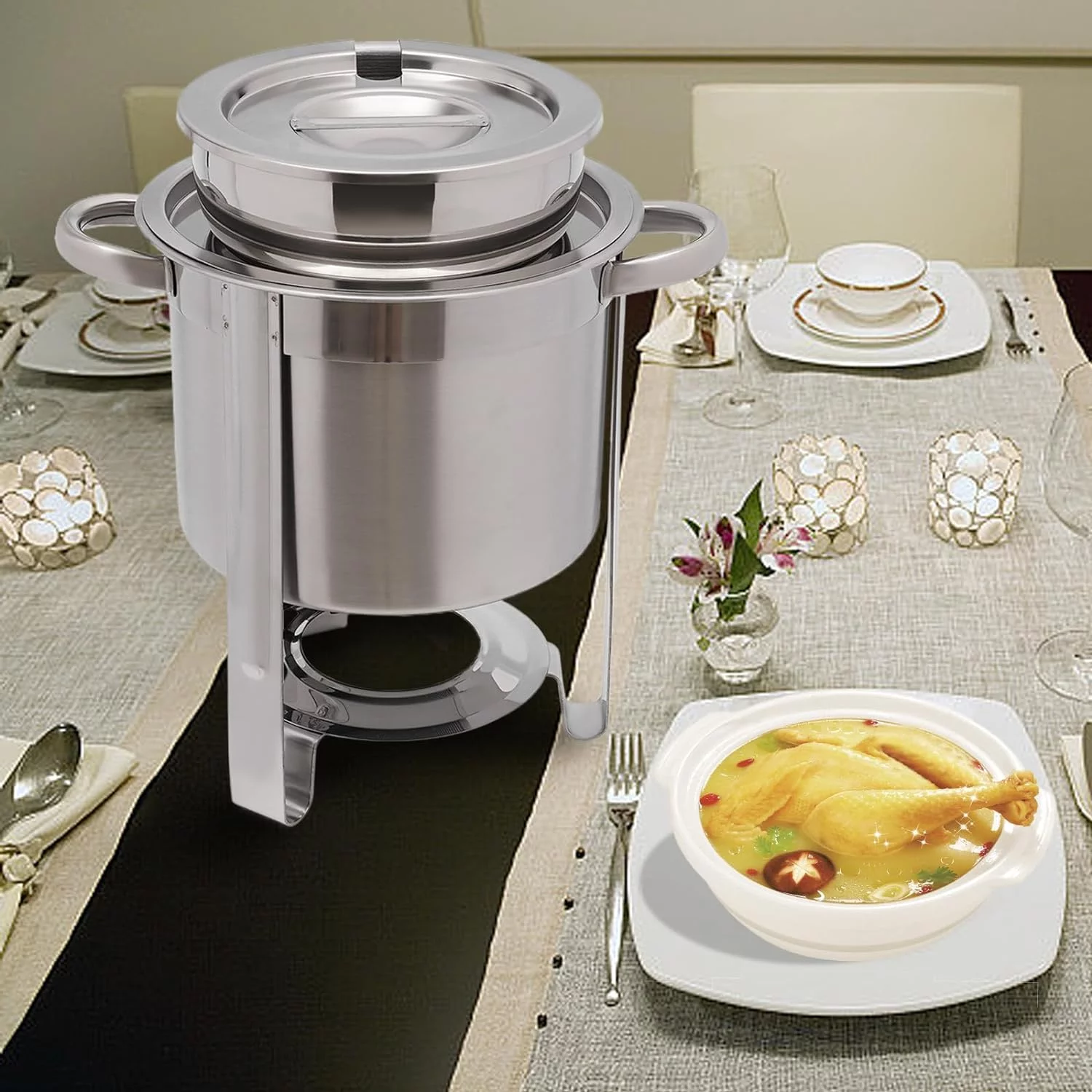 MIDUO 4.23-Quart Stainless Steel Round Soup Warmer With Pot Lid and Electric Heating Plate